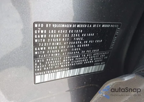 2022 Volkswagen Taos 1.5T S z USA, uszkodzony, nr VIN 3VVCX7B26NM083360